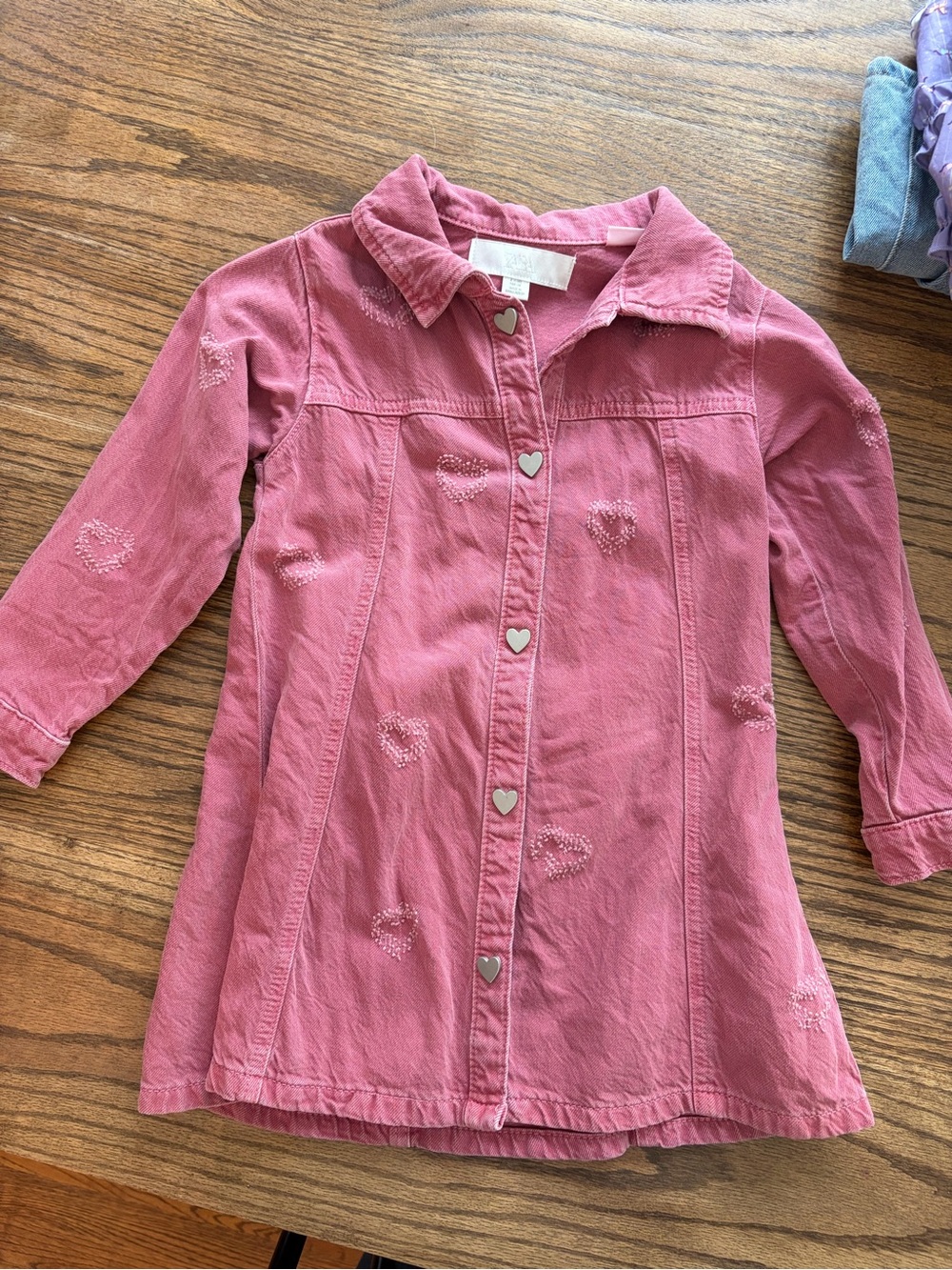 Girls Pink Heart-Button Denim Jacket Dress Zara - Picture 1 of 2